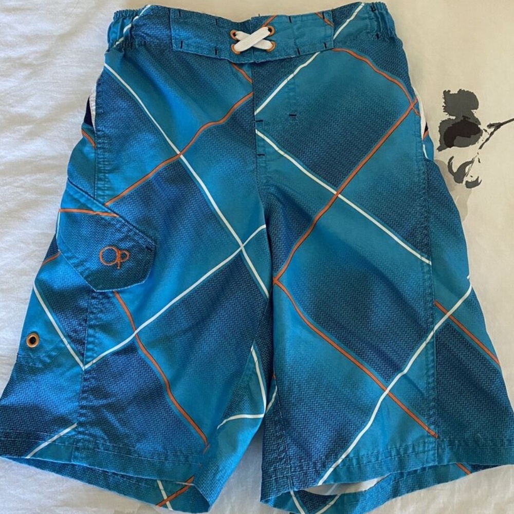 OP Ocean Pacific Boys Blue Swim Trunks Drawstring Waistband Pocket size 10/12
